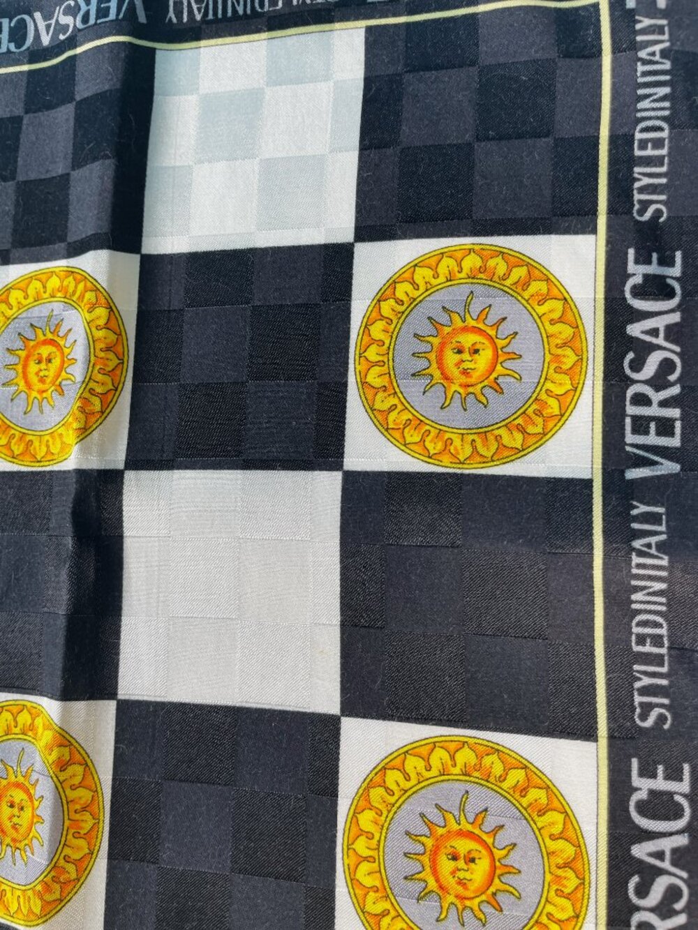 Versace Vintage Checkerboard Sun Print Scarf Black White Gold - Picture 7 of 13
